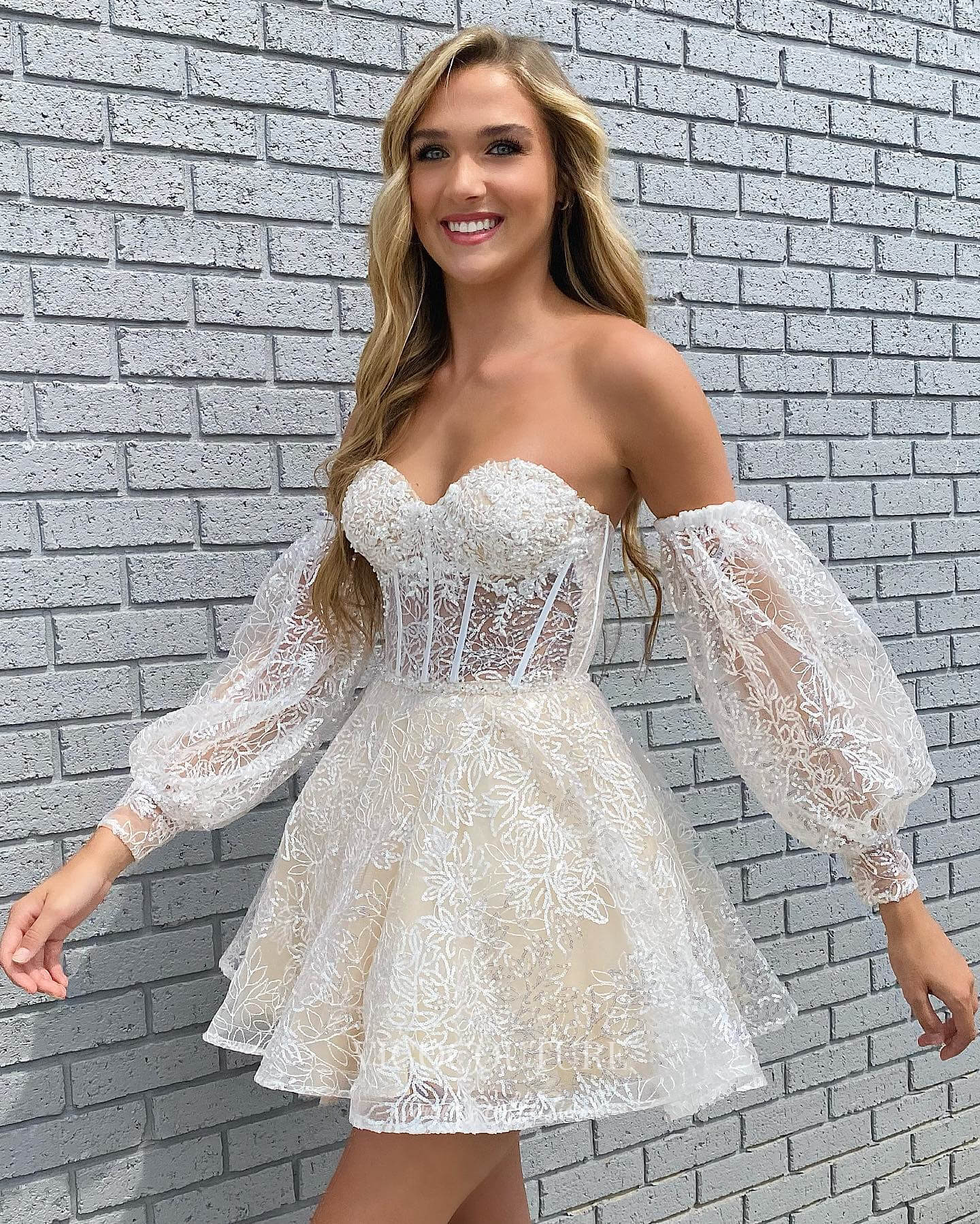 Short Prom Dresses 2025 Strapless Lace Applique Homecoming Dress with Removable Sleeve hc266-Prom Dresses-vigocouture-Ivory-US0-vigocouture