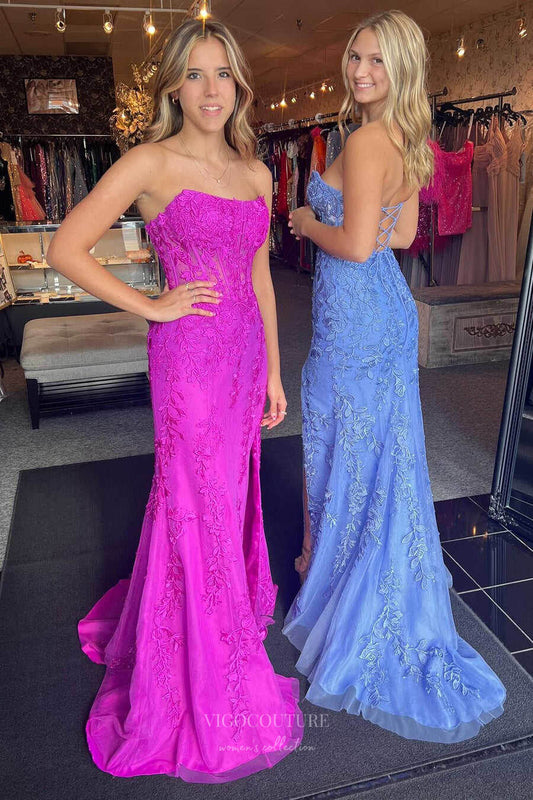 Prom Dress 2025 Strapless Lace Applique Mermaid Prom Dresses with Slit Sheer Boned Bodice 24287-unique elegant Prom Dresses-Fuchsia-Custom Size-vigocouture