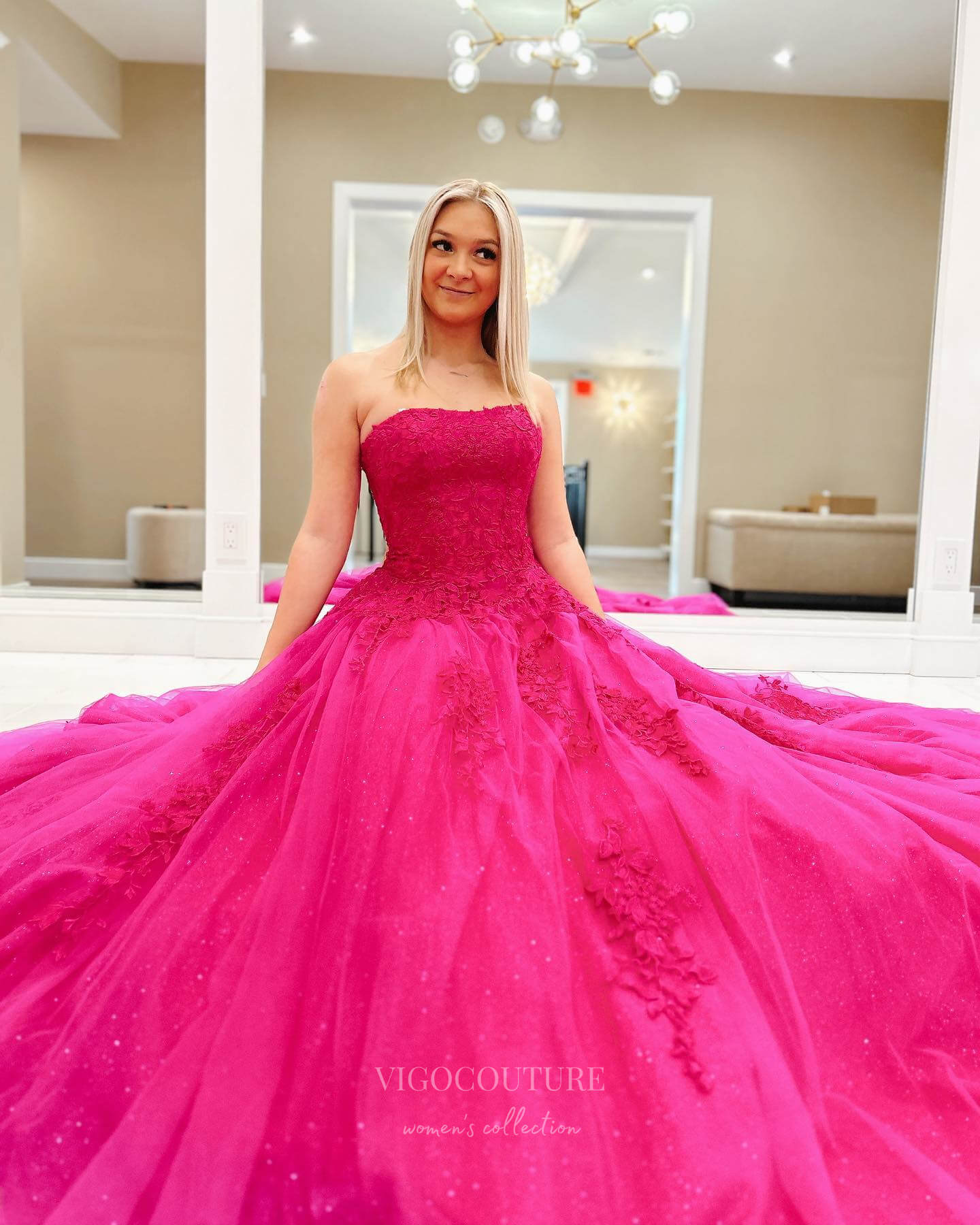 Prom Dress 2025 Strapless Lace Applique Prom Dresses 2024 Sparkly Tulle Formal Gown 24291-unique elegant Prom Dresses-Fuchsia-Custom Size-vigocouture