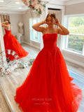 Prom Dress 2025 Strapless Lace Applique Prom Dresses 2024 Sparkly Tulle Formal Gown 24291-unique elegant Prom Dresses-Red-Custom Size-vigocouture