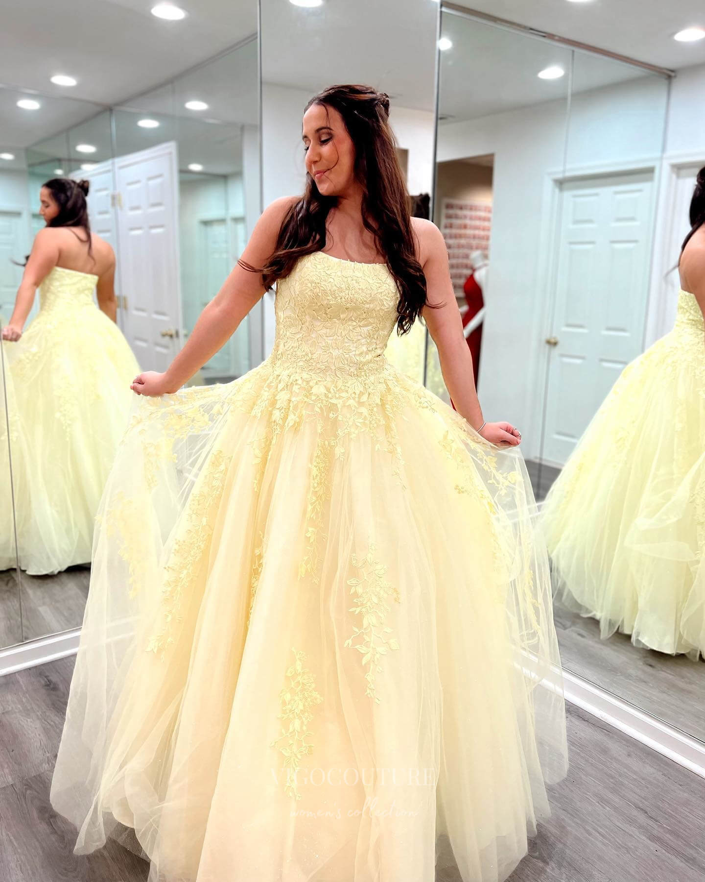 Prom Dress 2025 Strapless Lace Applique Prom Dresses 2024 Sparkly Tulle Formal Gown 24291-unique elegant Prom Dresses-Yellow-Custom Size-vigocouture