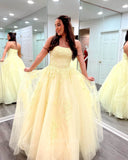 Prom Dress 2025 Strapless Lace Applique Prom Dresses 2024 Sparkly Tulle Formal Gown 24291-unique elegant Prom Dresses-Yellow-Custom Size-vigocouture