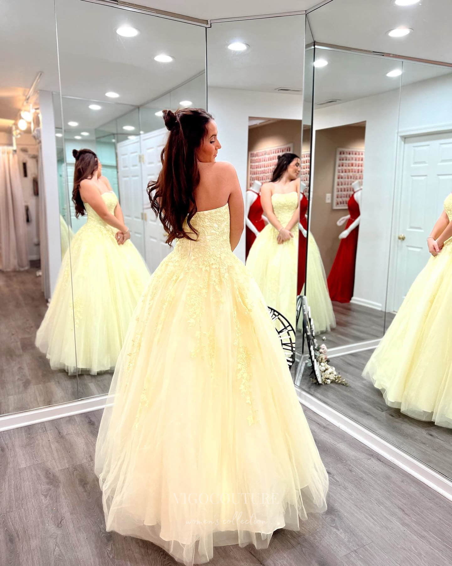 Prom Dress 2025 Strapless Lace Applique Prom Dresses 2024 Sparkly Tulle Formal Gown 24291-unique elegant Prom Dresses-Yellow-Custom Size-vigocouture