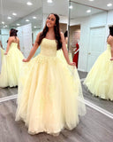 Prom Dress 2025 Strapless Lace Applique Prom Dresses 2024 Sparkly Tulle Formal Gown 24291-unique elegant Prom Dresses-Yellow-Custom Size-vigocouture