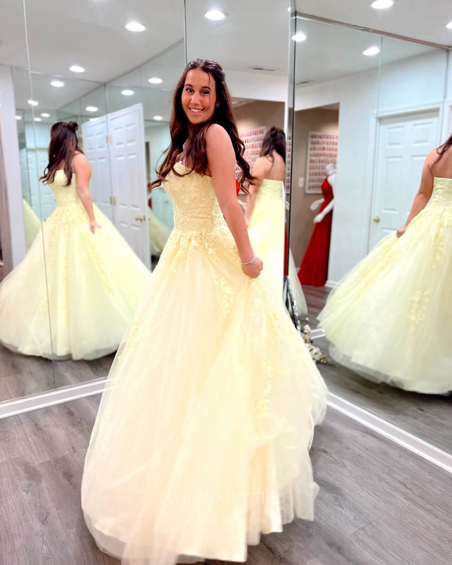 Prom Dress 2025 Strapless Lace Applique Prom Dresses 2024 Sparkly Tulle Formal Gown 24291-unique elegant Prom Dresses-Yellow-Custom Size-vigocouture