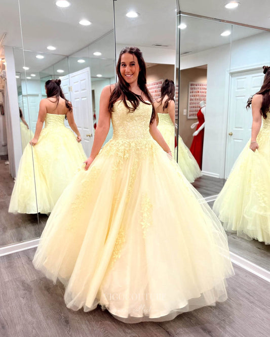 Prom Dress 2025 Strapless Lace Applique Prom Dresses 2024 Sparkly Tulle Formal Gown 24291-unique elegant Prom Dresses-Yellow-Custom Size-vigocouture