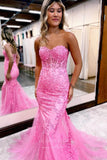 Prom Dress 2025 Strapless Lace Applique Prom Dresses with Corset Back Mermaid Evening Dress 22167-unique elegant Prom Dresses-Pink-Custom Size-vigocouture