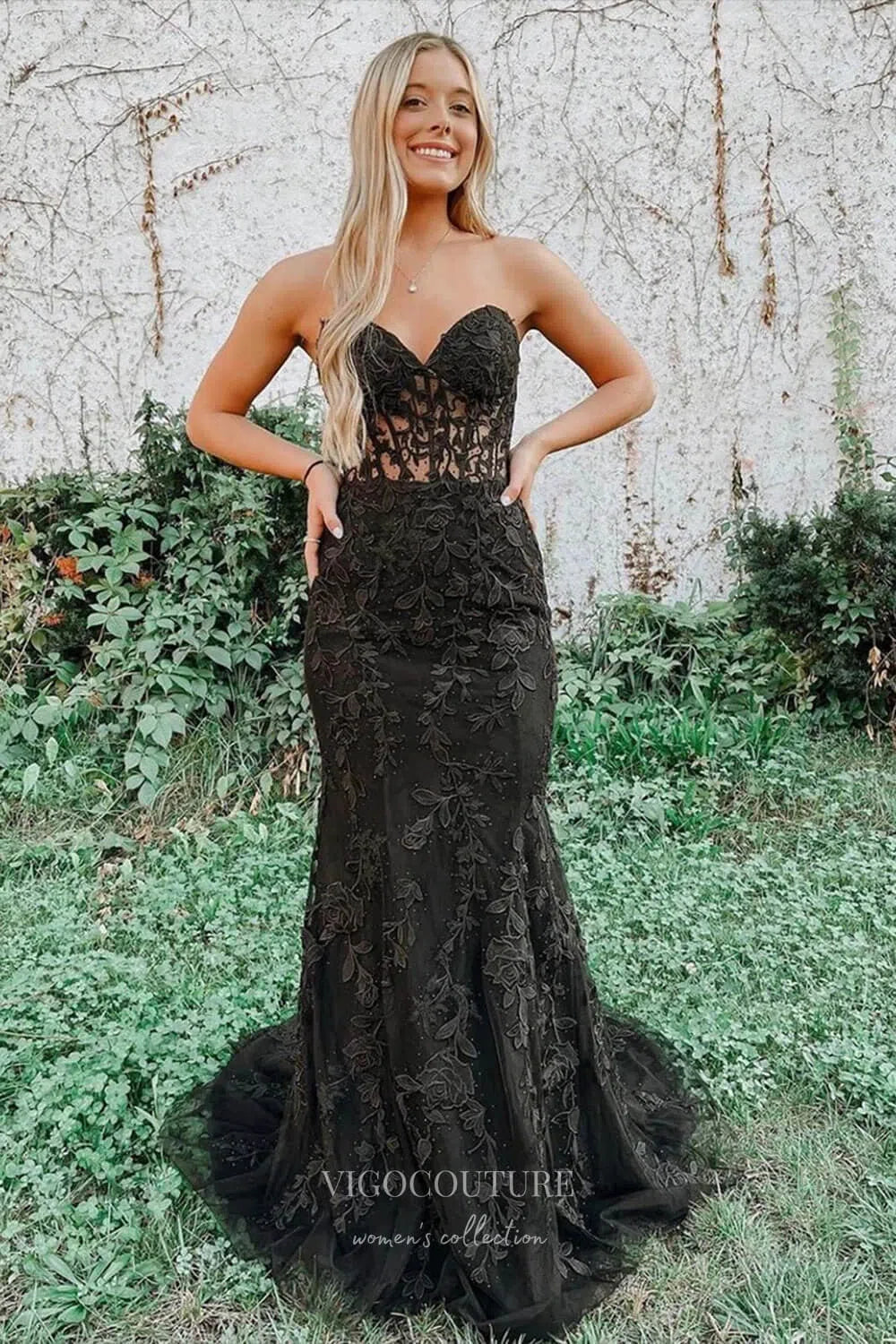 Prom Dress 2025 Strapless Lace Applique Prom Dresses with Corset Back Mermaid Evening Dress 22168-unique elegant Prom Dresses-Black-US2-vigocouture