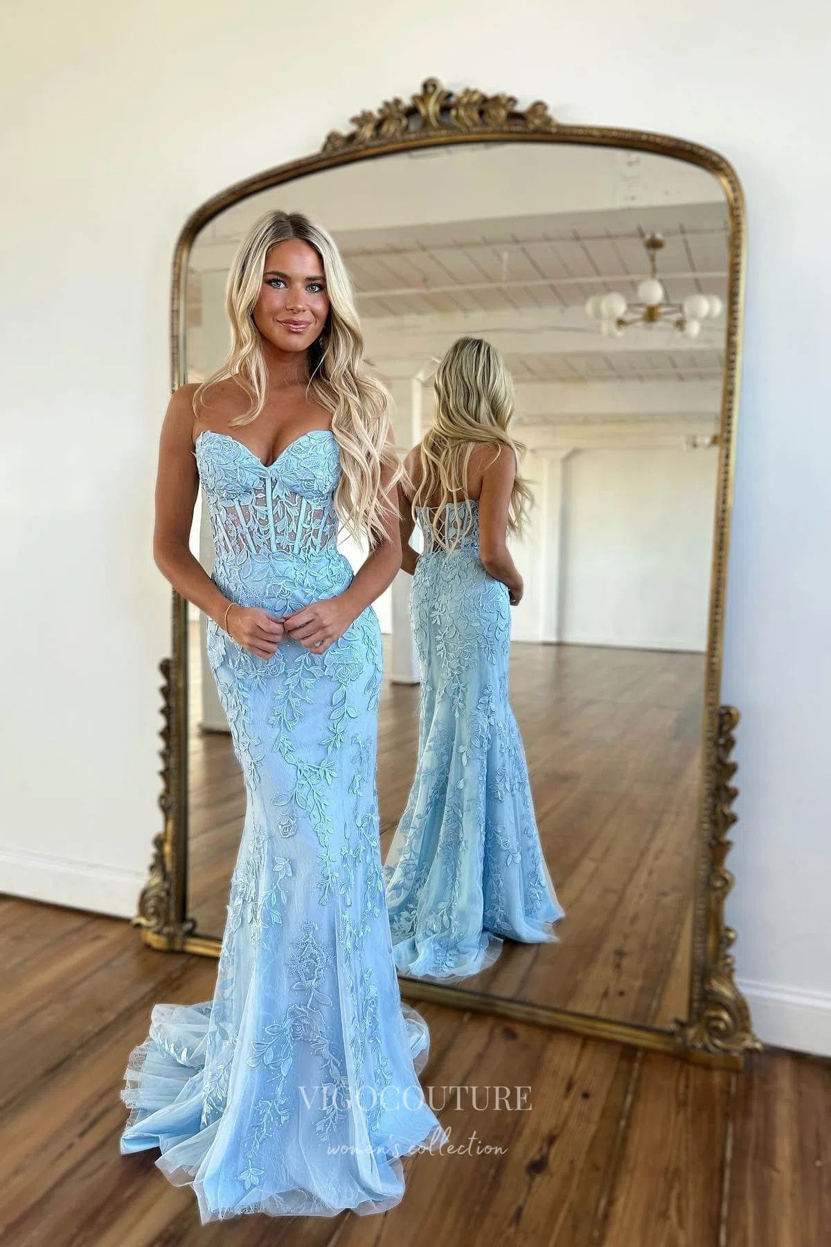 Strapless Lace Applique Prom Dresses with Corset Back Mermaid Evening vigocouture Strapless Lace Applique Prom Dresses with Corset Back Mermaid Evening vigocouture