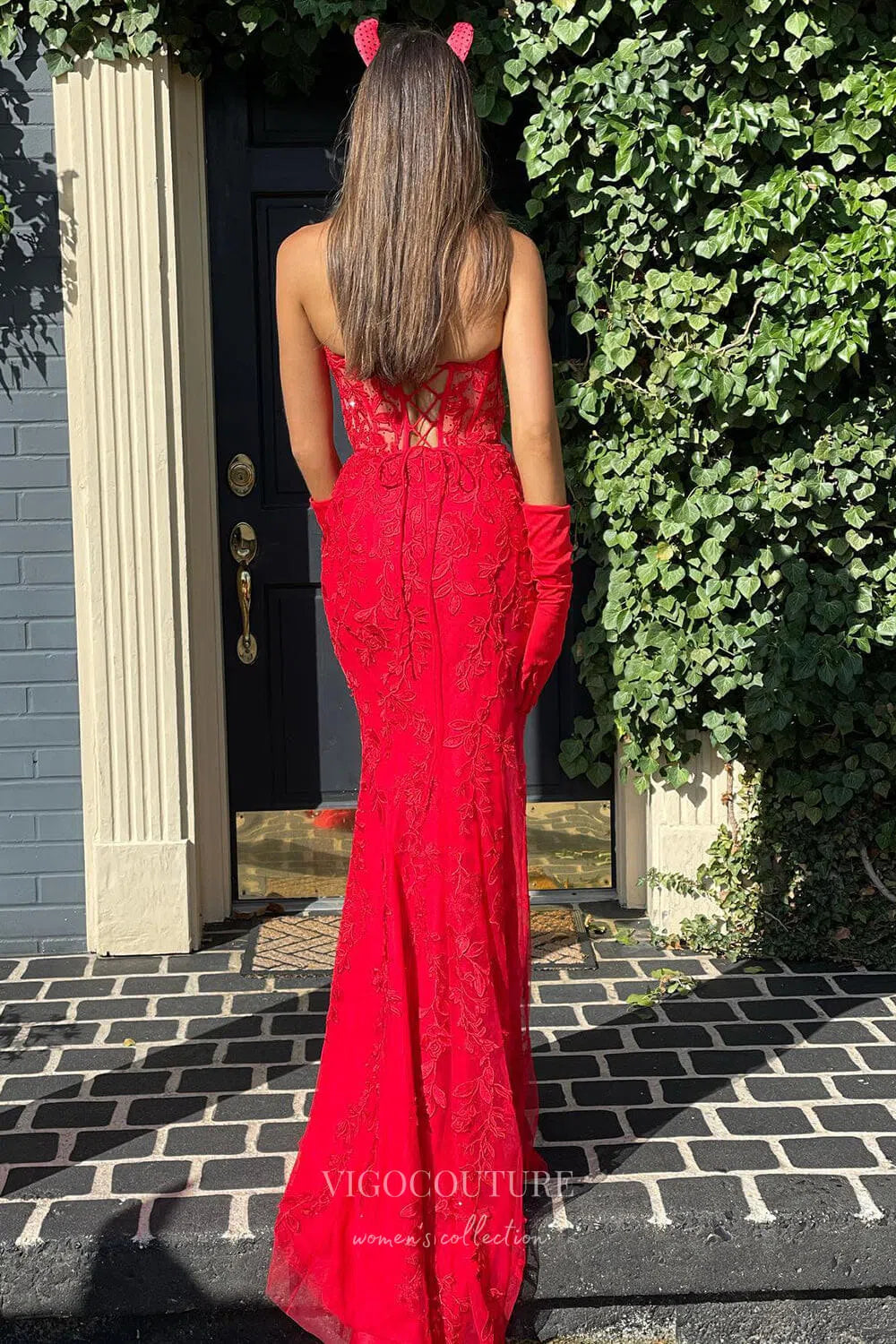 Prom Dress 2025 Strapless Lace Applique Prom Dresses with Corset Back Mermaid Evening Dress 22168-unique elegant Prom Dresses-Red-US2-vigocouture