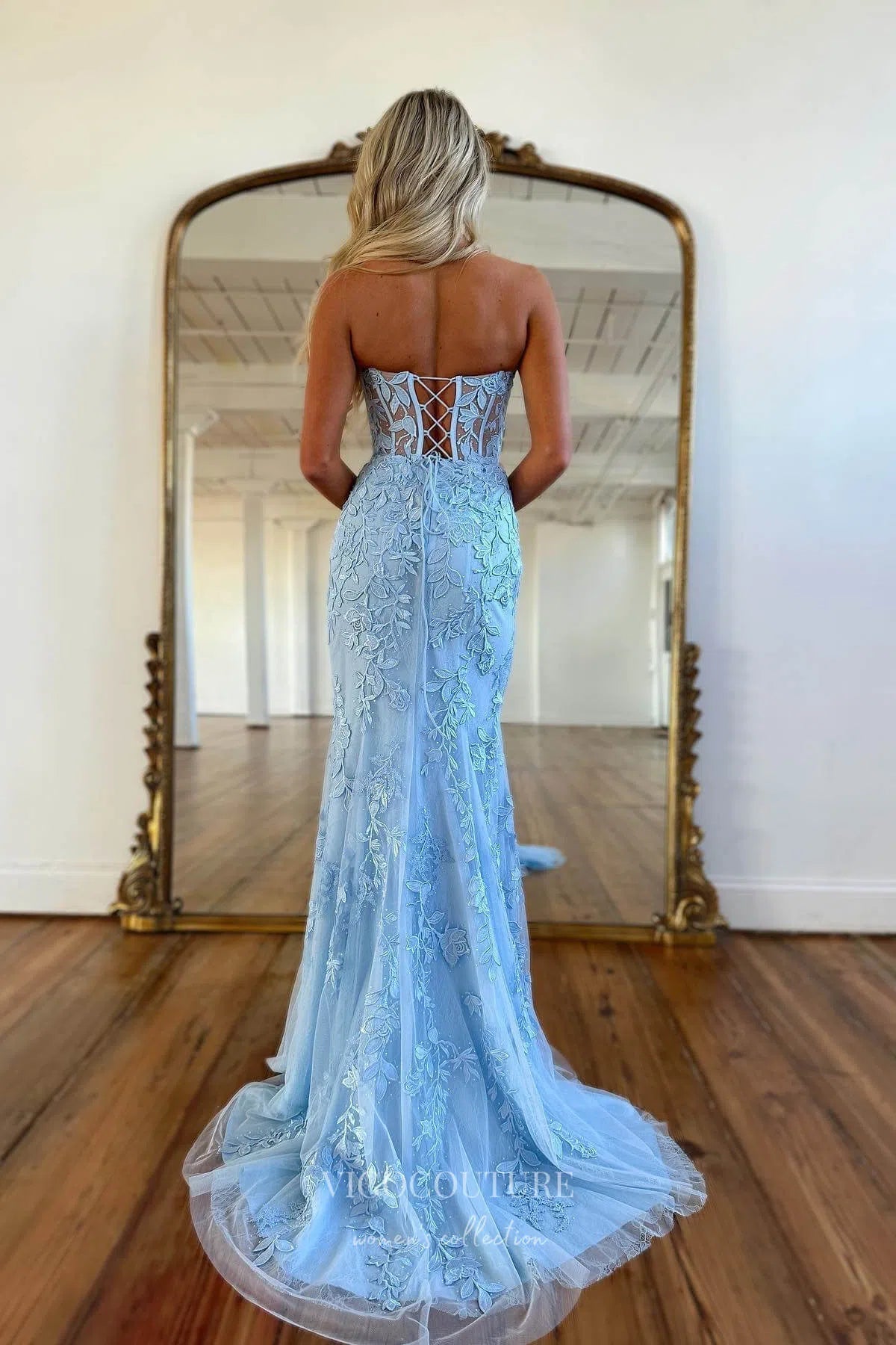 Strapless Lace Applique Prom Dresses with Corset Back Mermaid Evening – vigocouture