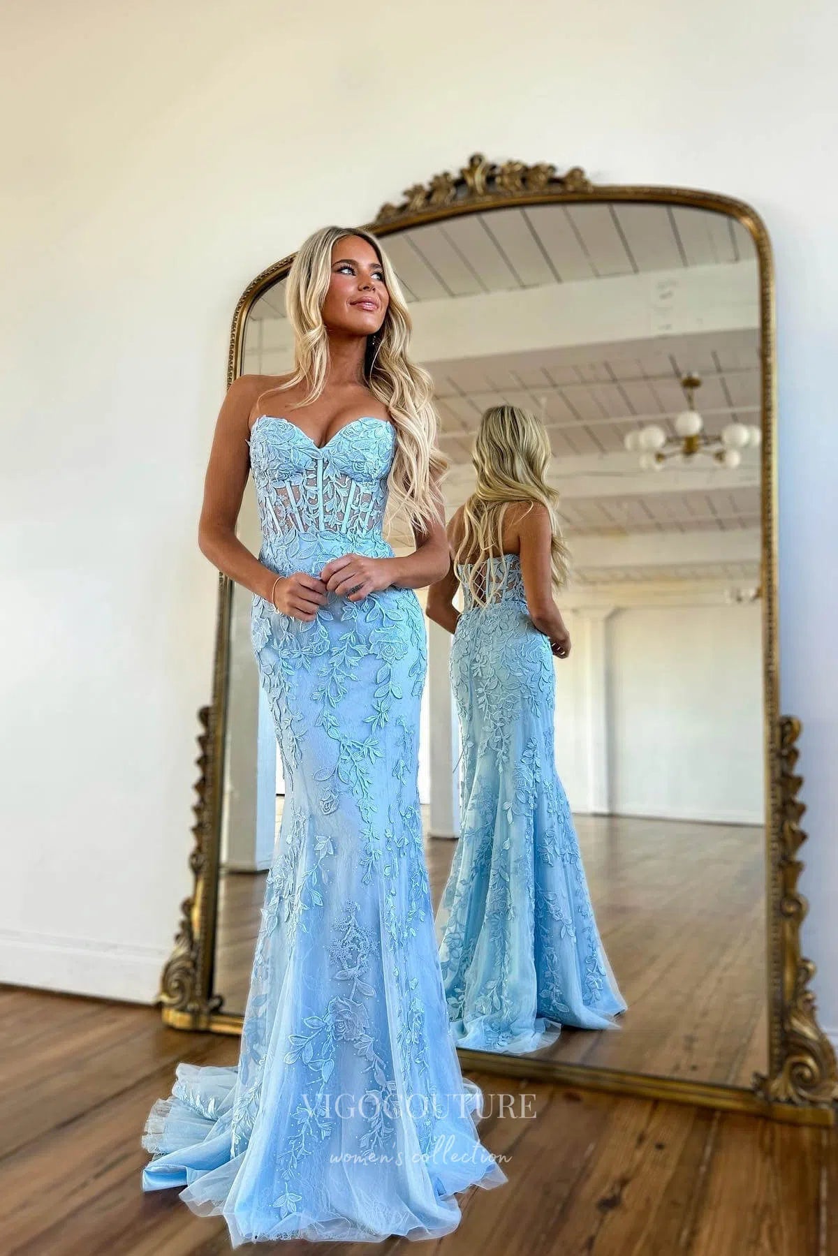 Strapless Lace Applique Prom Dresses with Corset Back Mermaid Evening vigocouture Strapless Lace Applique Prom Dresses with Corset Back Mermaid Evening vigocouture