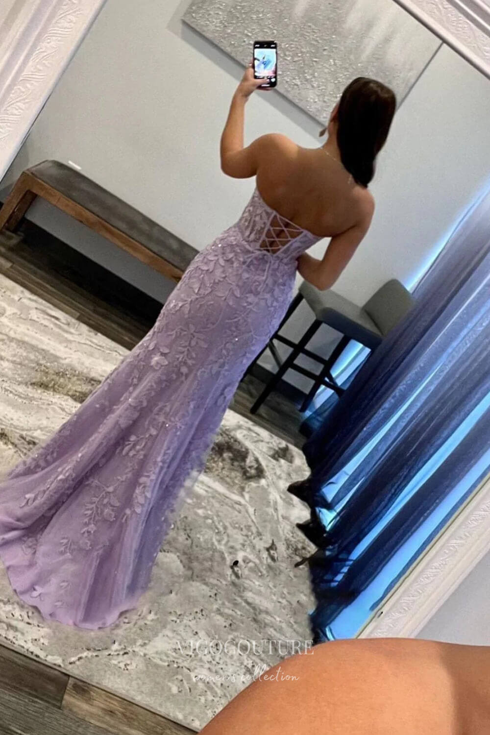 Prom Dress 2025 Strapless Lace Applique Prom Dresses with Slit Mermaid Sweetheart Neck Evening Dress 22170-unique elegant Prom Dresses-Lavender-US2-vigocouture