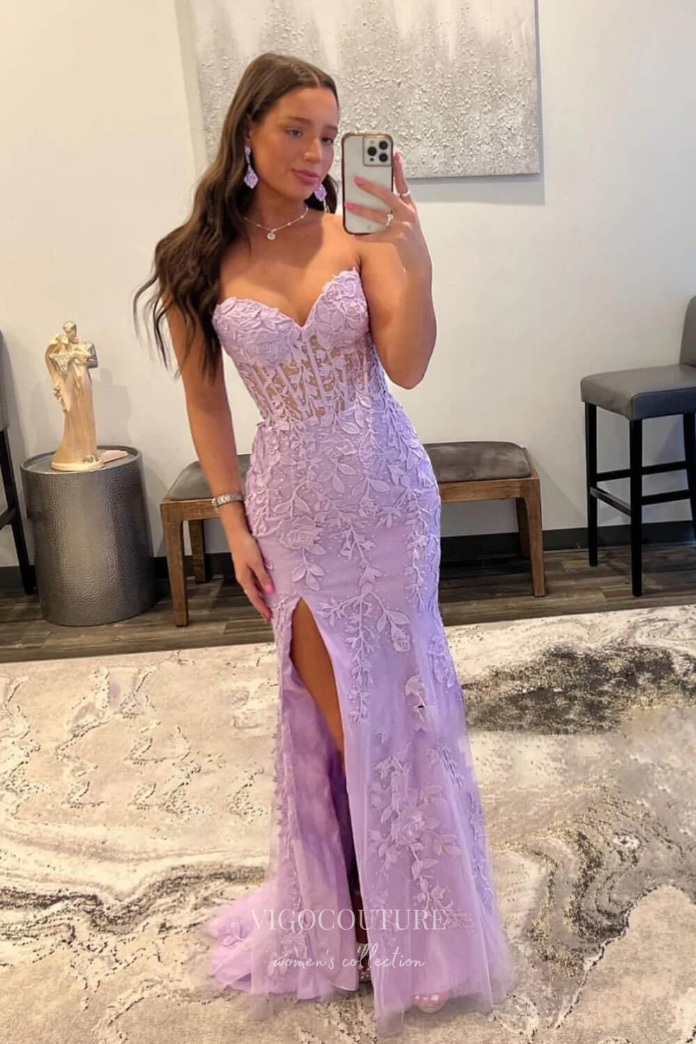 Prom Dress 2025 Strapless Lace Applique Prom Dresses with Slit Mermaid Sweetheart Neck Evening Dress 22170-unique elegant Prom Dresses-Lavender-US2-vigocouture