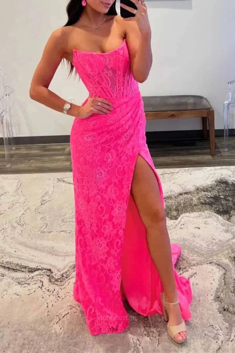 Prom Dresses 2025 to impress Strapless Lace Mermaid Prom Dresses 2025 Formal Dresses with Slit – 25119-vigocouture-Hot Pink-Custom Size-vigocouture