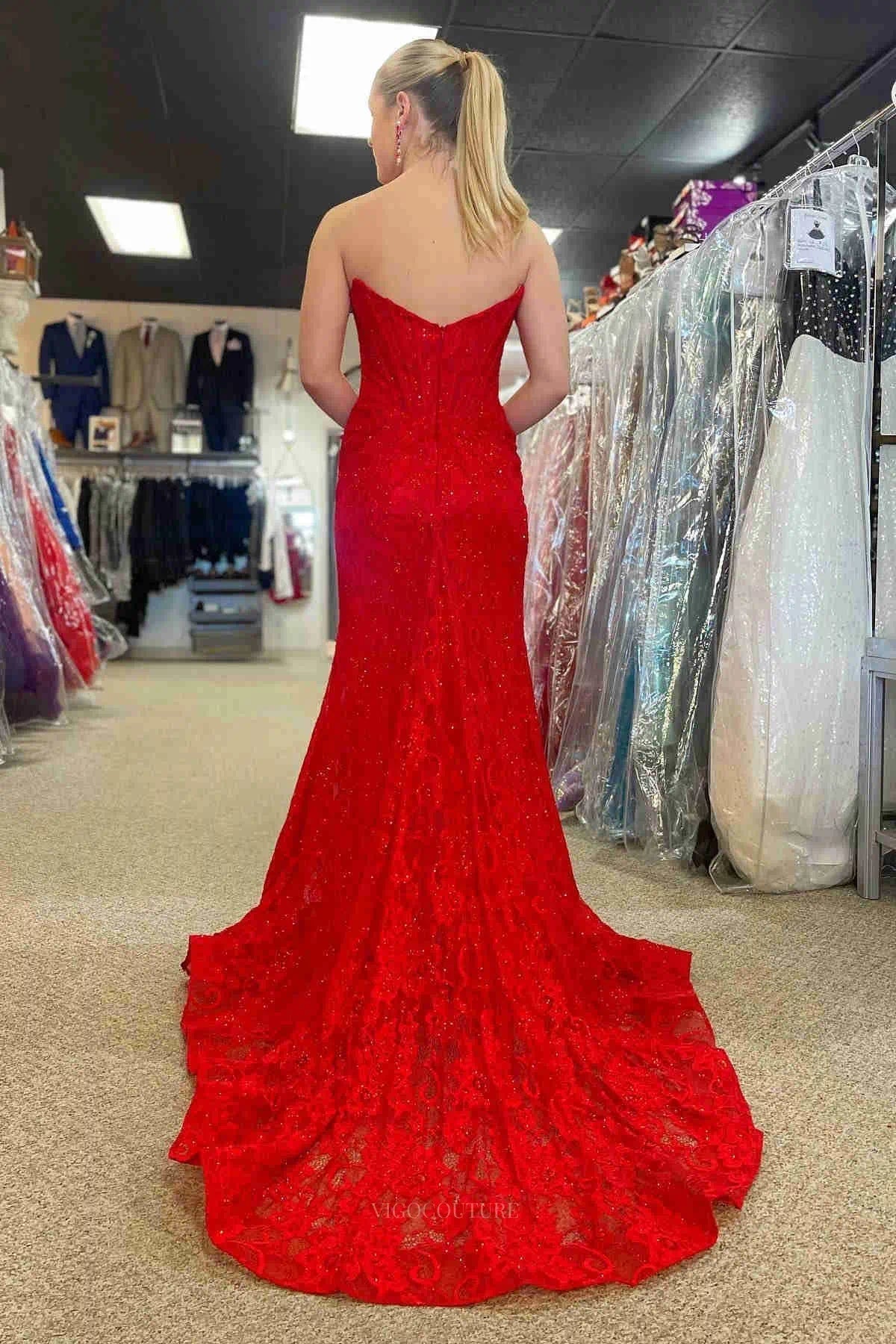 Prom Dresses 2025 to impress Strapless Lace Mermaid Prom Dresses 2025 Formal Dresses with Slit – 25119-vigocouture-vigocouture