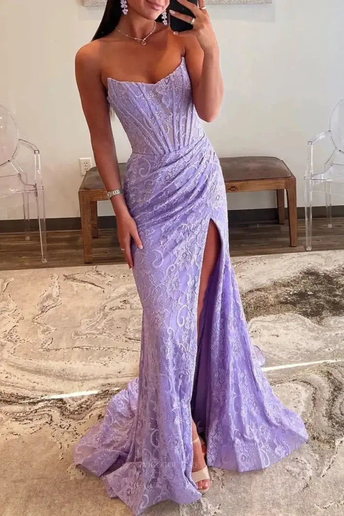 Prom Dresses 2025 to impress Strapless Lace Mermaid Prom Dresses 2025 Formal Dresses with Slit – 25119-vigocouture-Lavender-Custom Size-vigocouture