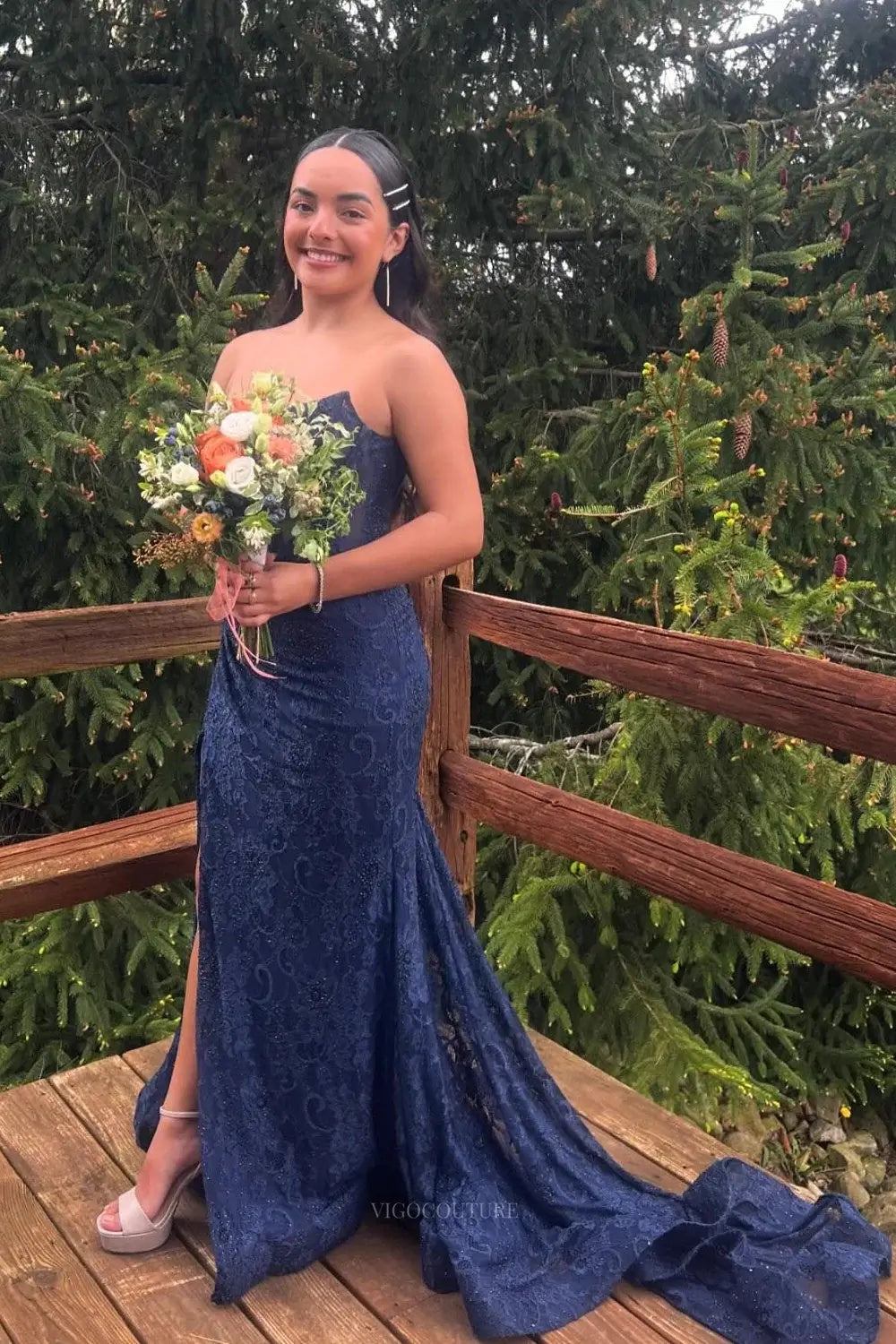 Prom Dresses 2025 to impress Strapless Lace Mermaid Prom Dresses 2025 Formal Dresses with Slit – 25119-vigocouture-Navy Blue-Custom Size-vigocouture