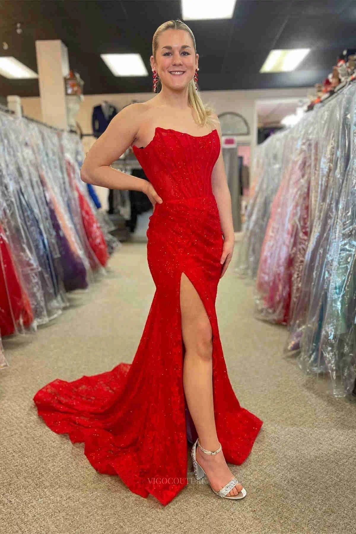 Strapless Lace Mermaid Prom Dresses 2025 Formal Dresses with Slit – 25119 Red / US0