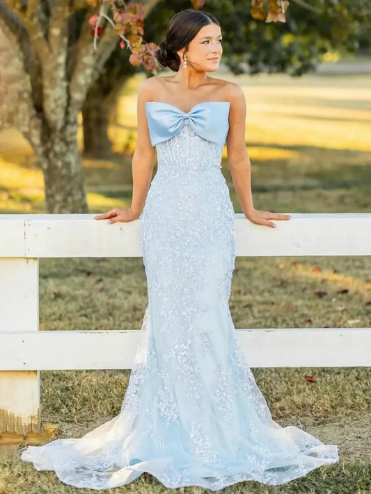 Prom Dresses 2025 to impress Strapless Lace Prom Dresses 2025 Bow Tie Formal Dresses – 25154-vigocouture-Light Blue-Custom Size-vigocouture