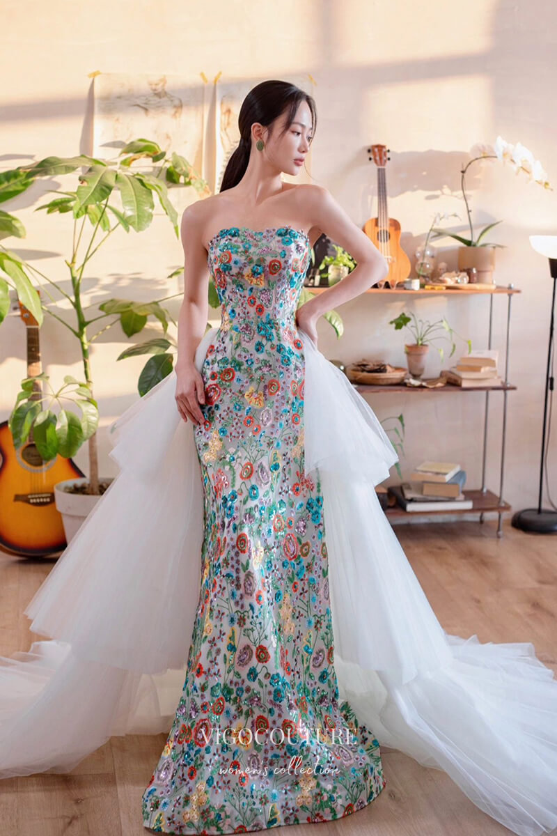 Prom Dress 2025 Strapless Mermaid Floral Lace Prom Dress wth Ruffled Skirt 22359-unique elegant Prom Dresses-Blue-Custom Size-vigocouture