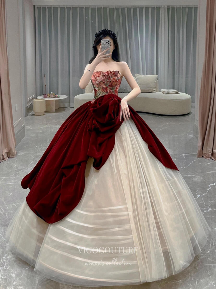 Prom Dress 2025 Strapless Quinceanera Dresses Rosette Formal Gown 21019-unique elegant Prom Dresses-Burgundy-Custom Size-vigocouture