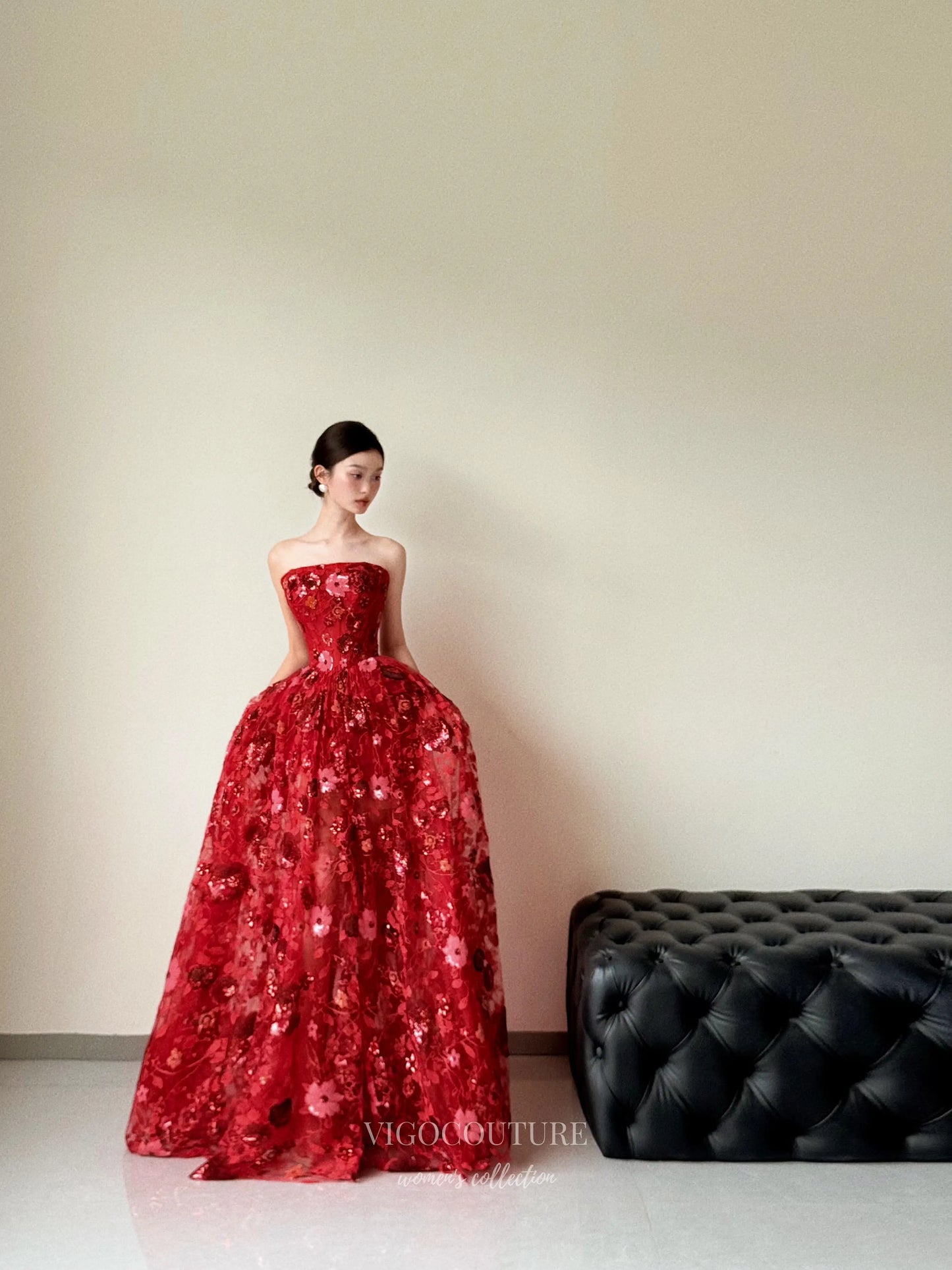 Prom Dresses 2025 to impress Strapless Red Floral Sequin Ball Gown with Embroidered Tulle Skirt – F006-vigocouture-vigocouture