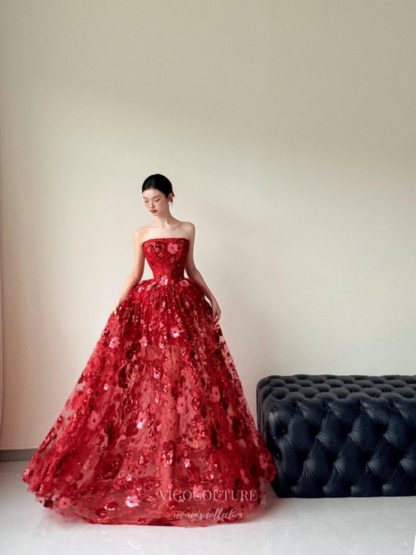 Prom Dresses 2025 to impress Strapless Red Floral Sequin Ball Gown with Embroidered Tulle Skirt – F006-vigocouture-Red-Custom Size-vigocouture