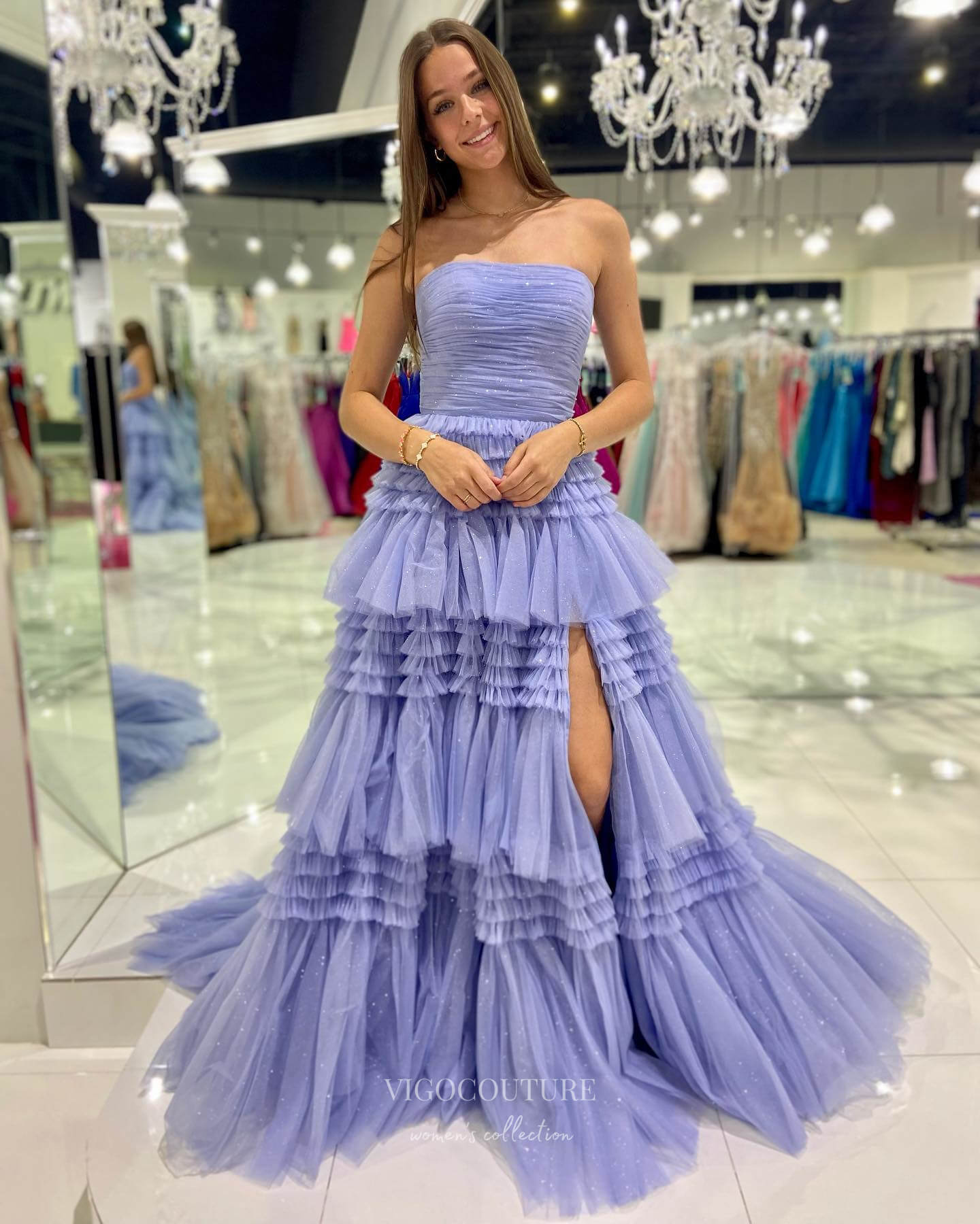 Prom Dress 2025 Strapless Ruffled Prom Dresses with Slit Sparkly Tulle Formal Gown 24024-unique elegant Prom Dresses-Lavender-Custom Size-vigocouture