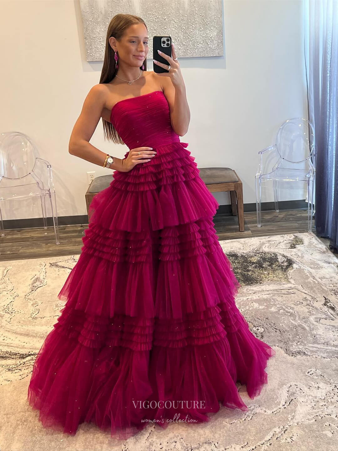 Prom Dress 2025 Strapless Ruffled Prom Dresses with Slit Sparkly Tulle Formal Gown 24024-unique elegant Prom Dresses-Magenta-Custom Size-vigocouture