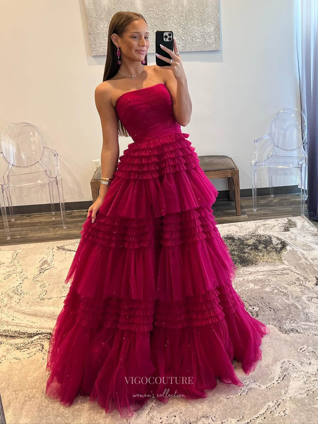 Prom Dress 2025 Strapless Ruffled Prom Dresses with Slit Sparkly Tulle Formal Gown 24024-unique elegant Prom Dresses-Magenta-Custom Size-vigocouture