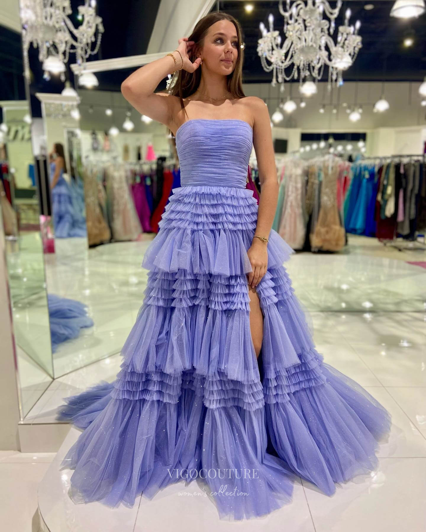 Prom Dress 2025 Strapless Ruffled Prom Dresses with Slit Sparkly Tulle Formal Gown 24024-unique elegant Prom Dresses-Magenta-Custom Size-vigocouture