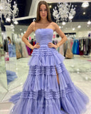 Prom Dress 2025 Strapless Ruffled Prom Dresses with Slit Sparkly Tulle Formal Gown 24024-unique elegant Prom Dresses-Magenta-Custom Size-vigocouture