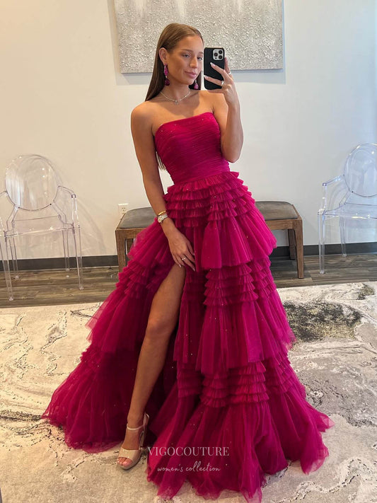 Prom Dress 2025 Strapless Ruffled Prom Dresses with Slit Sparkly Tulle Formal Gown 24024-unique elegant Prom Dresses-Magenta-Custom Size-vigocouture