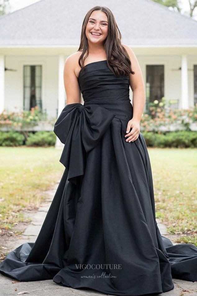 Strapless Satin Bow-Tie Prom Dresses with Slit Pleated Bodice 24339 – vigocouture