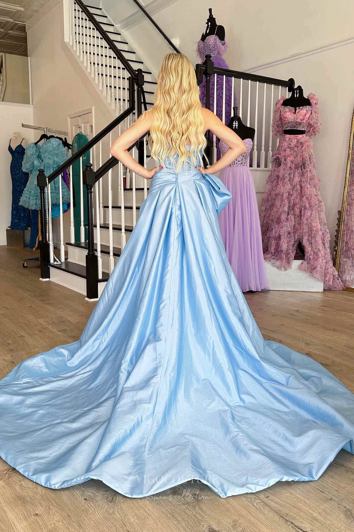 Prom Dress 2025 Strapless Satin Bow-Tie Prom Dresses with Slit Pleated Bodice 24339-unique elegant Prom Dresses-Light Blue-Custom Size-vigocouture