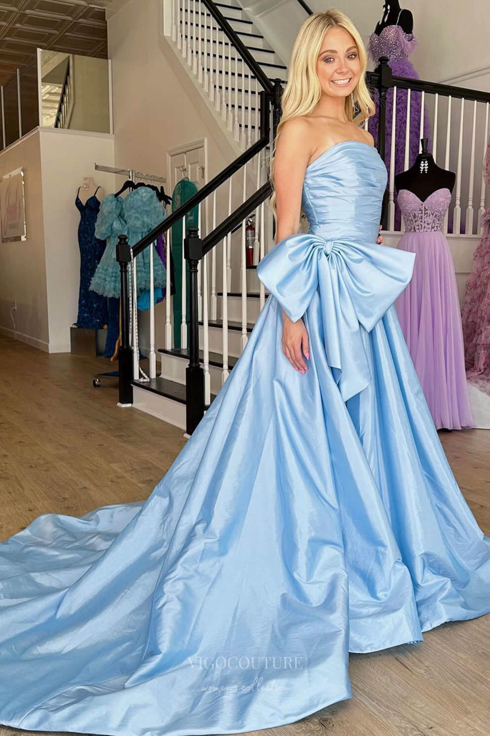 Prom Dress 2025 Strapless Satin Bow-Tie Prom Dresses with Slit Pleated Bodice 24339-unique elegant Prom Dresses-Light Blue-Custom Size-vigocouture