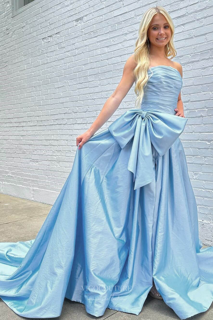 Prom Dress 2025 Strapless Satin Bow-Tie Prom Dresses with Slit Pleated Bodice 24339-unique elegant Prom Dresses-Light Blue-Custom Size-vigocouture