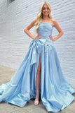 Prom Dress 2025 Strapless Satin Bow-Tie Prom Dresses with Slit Pleated Bodice 24339-unique elegant Prom Dresses-Light Blue-Custom Size-vigocouture