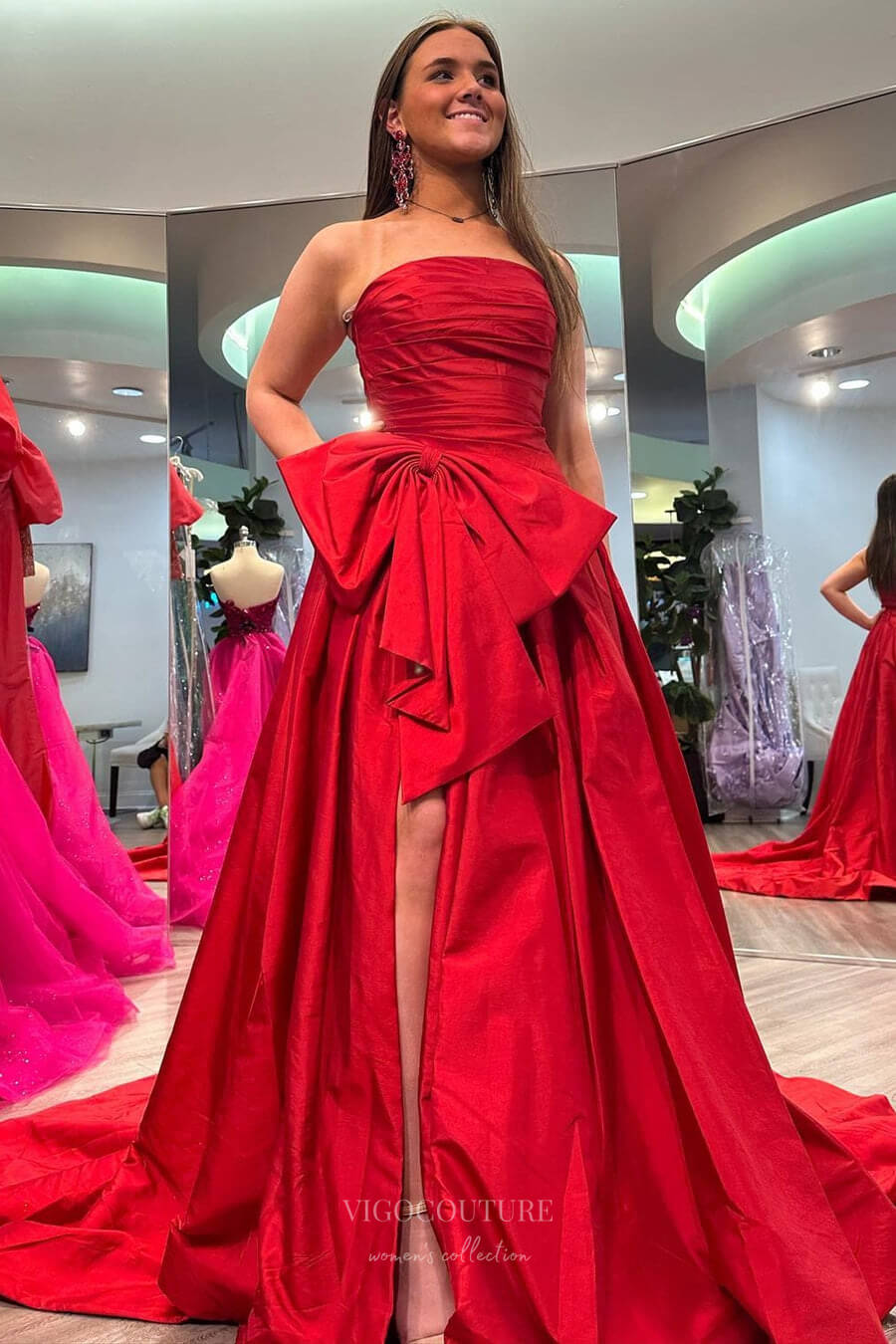 Prom Dress 2025 Strapless Satin Bow-Tie Prom Dresses with Slit Pleated Bodice 24339-unique elegant Prom Dresses-Red-Custom Size-vigocouture