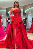 Prom Dress 2025 Strapless Satin Bow-Tie Prom Dresses with Slit Pleated Bodice 24339-unique elegant Prom Dresses-Red-Custom Size-vigocouture