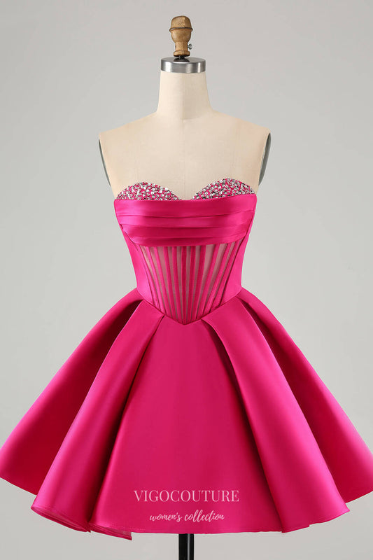 Short Prom Dresses 2025 Cute Fuchsia A Line Sweetheart Corset Homecoming Dresses Satin Back to School Dress hc368-Prom Dresses-vigocouture-Fuchsia-Custom Size-vigocouture