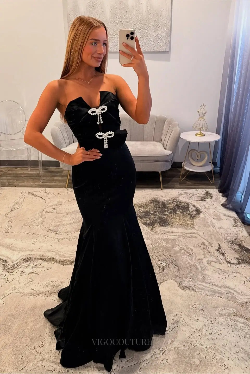 Prom Dresses 2025 to impress Strapless Satin Mermaid Prom Dress with Double Rhinestone Bow Cutout Detail – 26071-vigocouture-Black-Custom Size (Add Note in Cart)-vigocouture