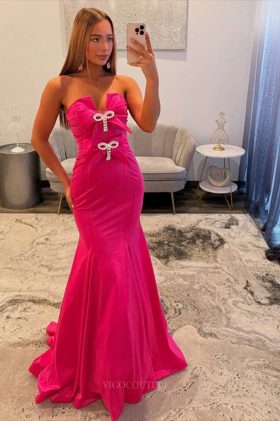 Prom Dresses 2025 to impress Strapless Satin Mermaid Prom Dress with Double Rhinestone Bow Cutout Detail – 26071-vigocouture-Fuchsia-Custom Size (Add Note in Cart)-vigocouture