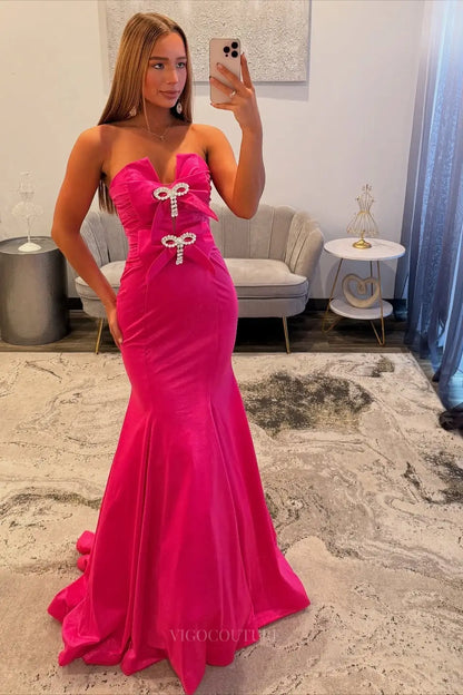 Prom Dresses 2025 to impress Strapless Satin Mermaid Prom Dress with Double Rhinestone Bow Cutout Detail – 26071-vigocouture-Fuchsia-Custom Size (Add Note in Cart)-vigocouture