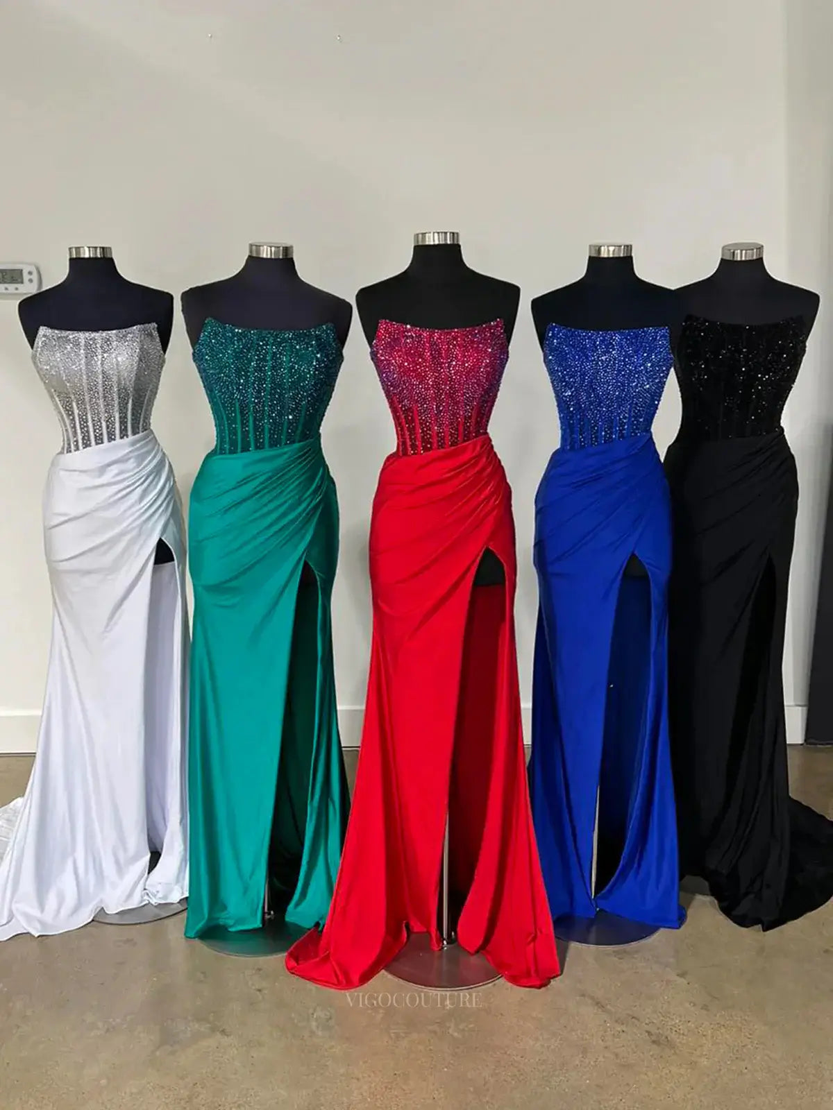 Prom Dresses 2025 to impress Strapless Satin Mermaid Prom Dresses 2025 Beaded Bodice High Slit – 25127-vigocouture-vigocouture