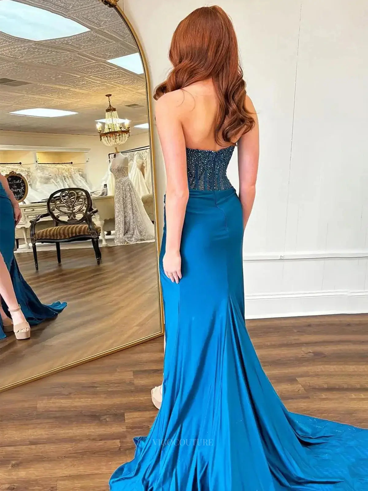 Prom Dresses 2025 to impress Strapless Satin Mermaid Prom Dresses 2025 Beaded Bodice High Slit – 25127-vigocouture-vigocouture