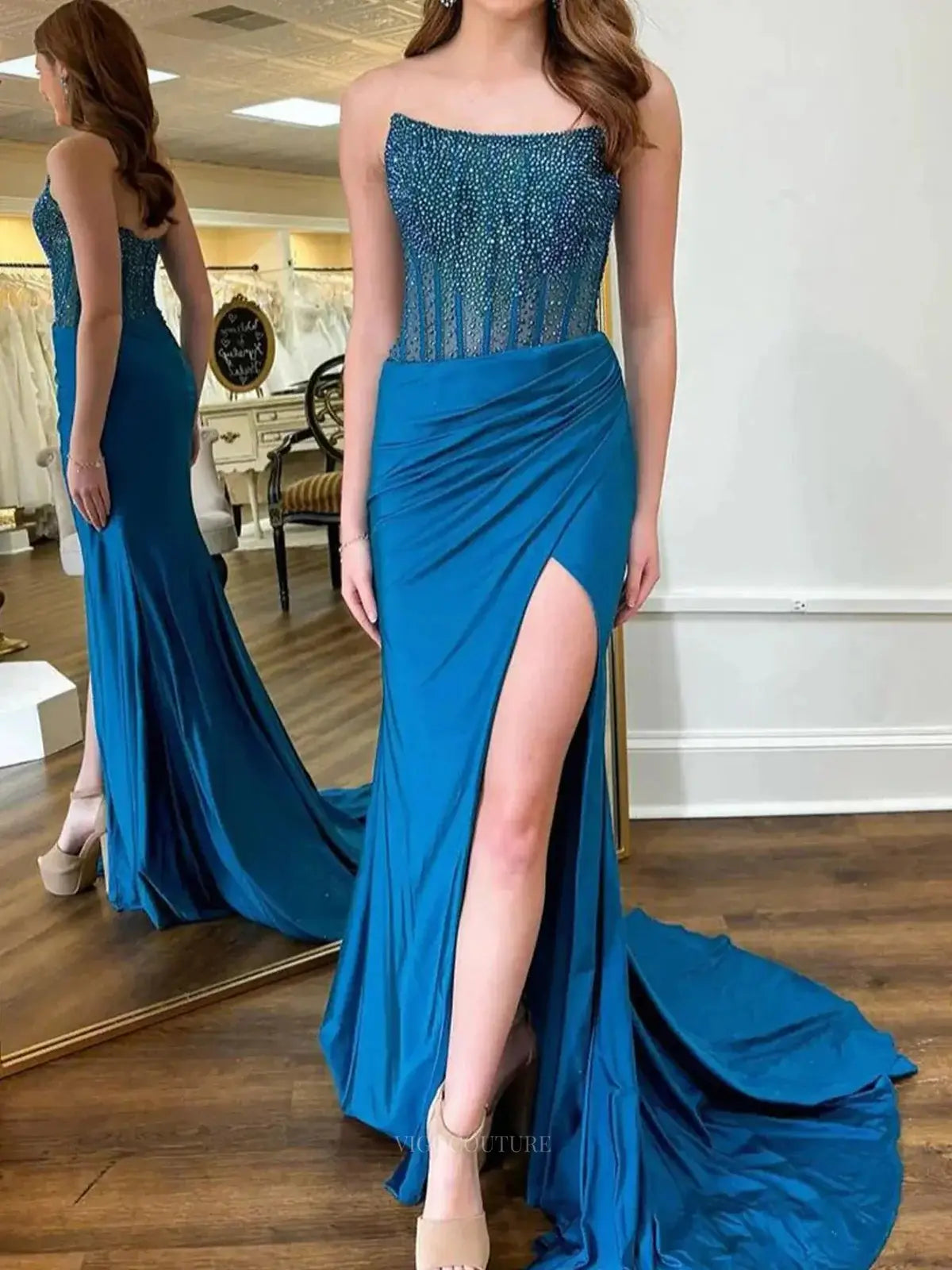 Prom Dresses 2025 to impress Strapless Satin Mermaid Prom Dresses 2025 Beaded Bodice High Slit – 25127-vigocouture-Blue-Custom Size-vigocouture