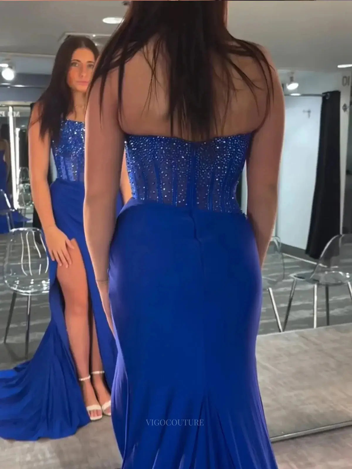 Prom Dresses 2025 to impress Strapless Satin Mermaid Prom Dresses 2025 Beaded Bodice High Slit – 25127-vigocouture-Royal Blue-Custom Size-vigocouture