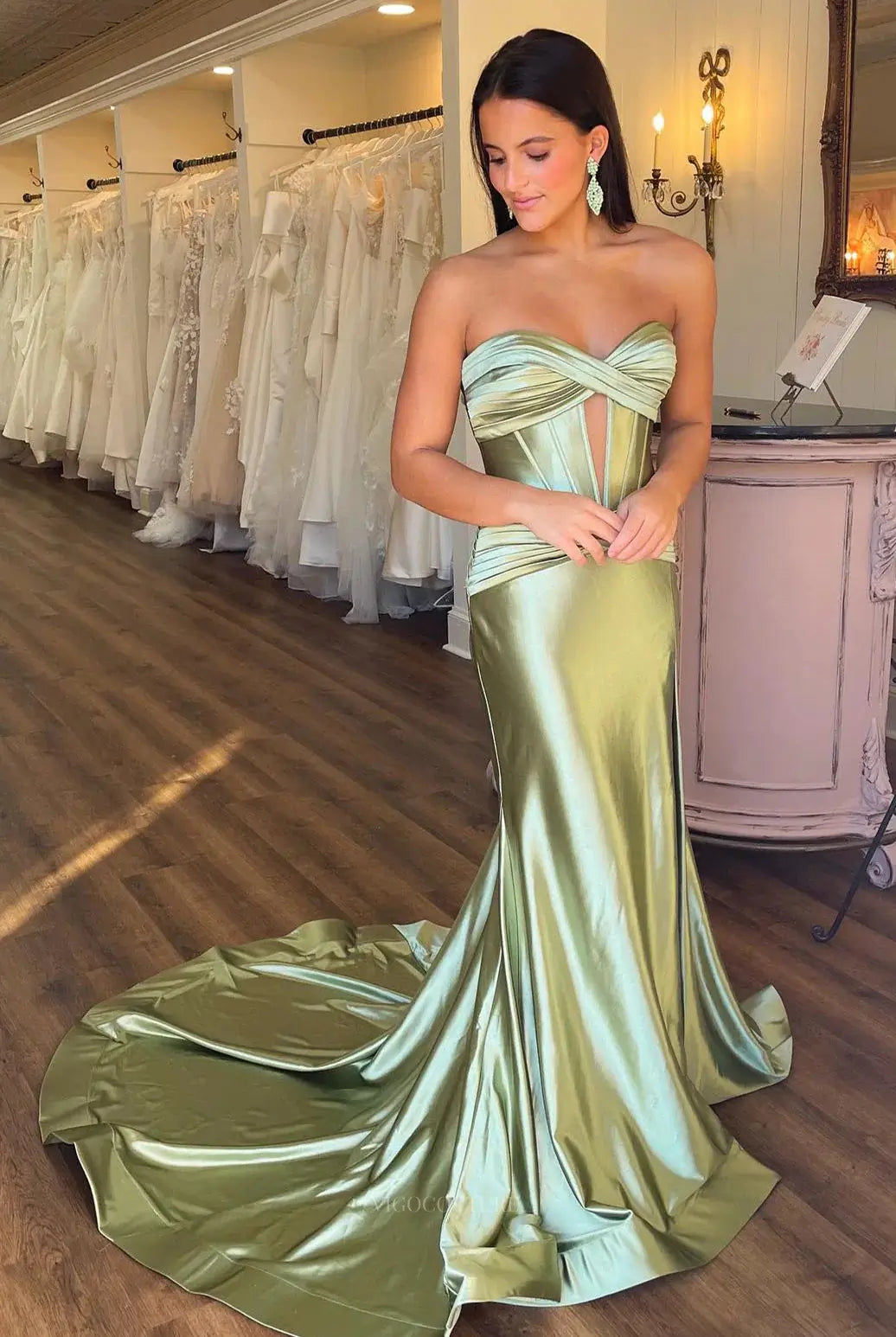Strapless Satin Mermaid Prom Dresses 2025 with Slit & Pleated Crossed Bodice FD5040 Brown / US16 Strapless Satin Mermaid Prom Dresses 2025 with Slit & Pleated Crossed Bodice FD5040 Brown / US16